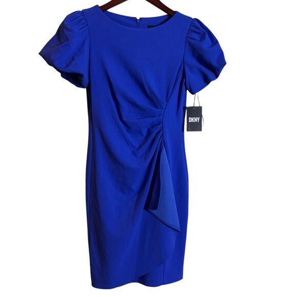 DKNY Ruched Bubble Sleeve Mini Sheath Boatneck Dress Size 4P Cobalt Blue NEW - Picture 3 of 16